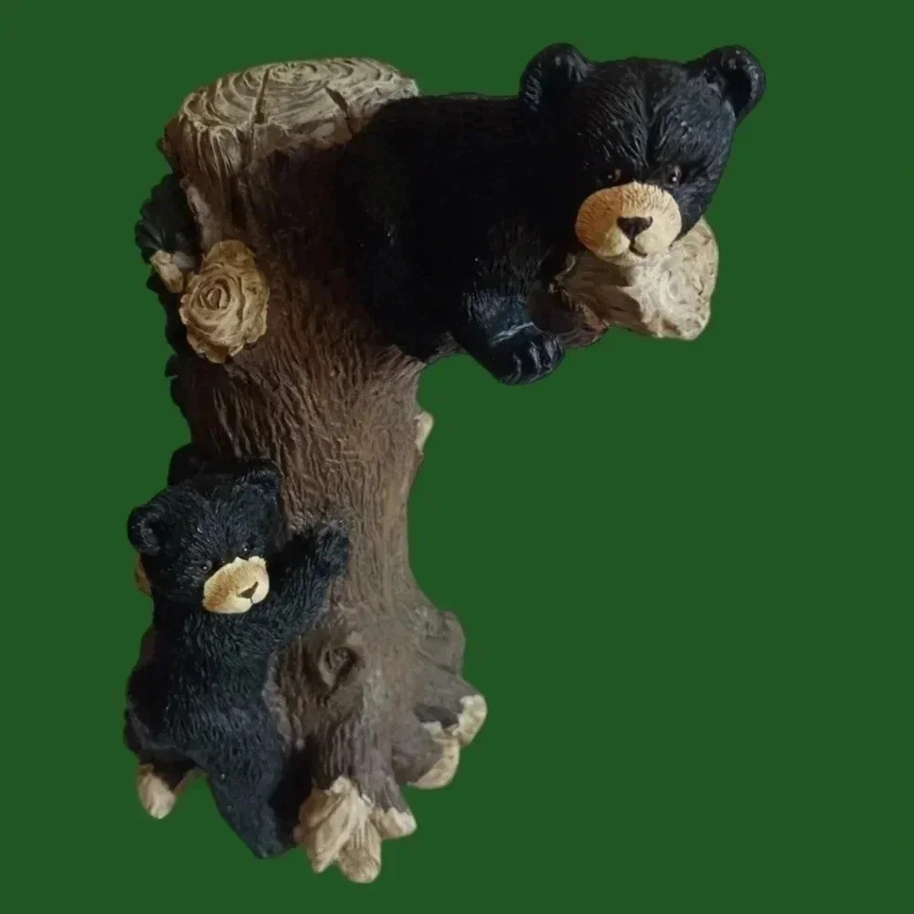 Rustic cabin cottage decor 2 black bears cubs climbin tree statue